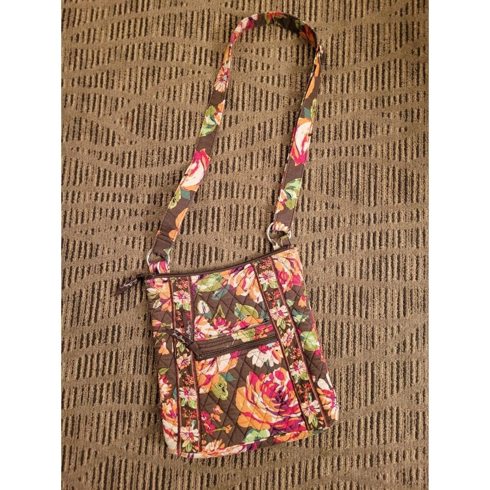 Vera Bradley Roses Printed Brown Pink Crossbody Bag Purse
